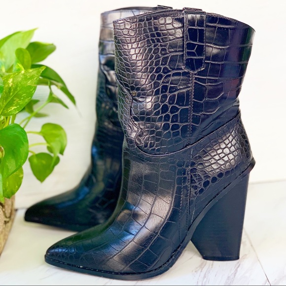 Black Western Faux Leather Cowboy Croc Boots - Picture 3 of 6